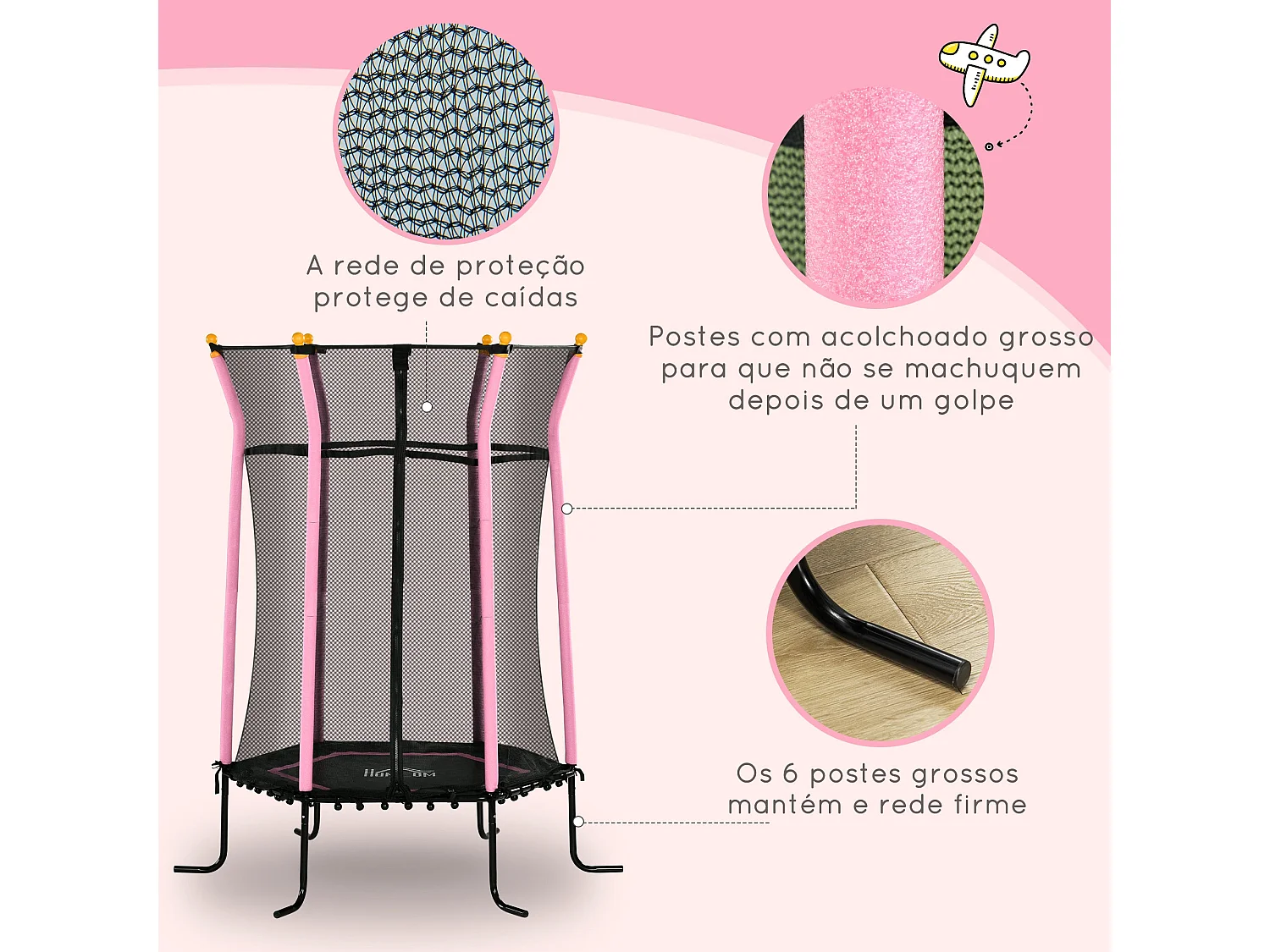 Trampolim Infantil Seguro com Rede de Proteção e Estrutura de Aço para Uso Interno e Externo - Carga Máxima de 50kg, Rosa, Ø163,5x190 cm