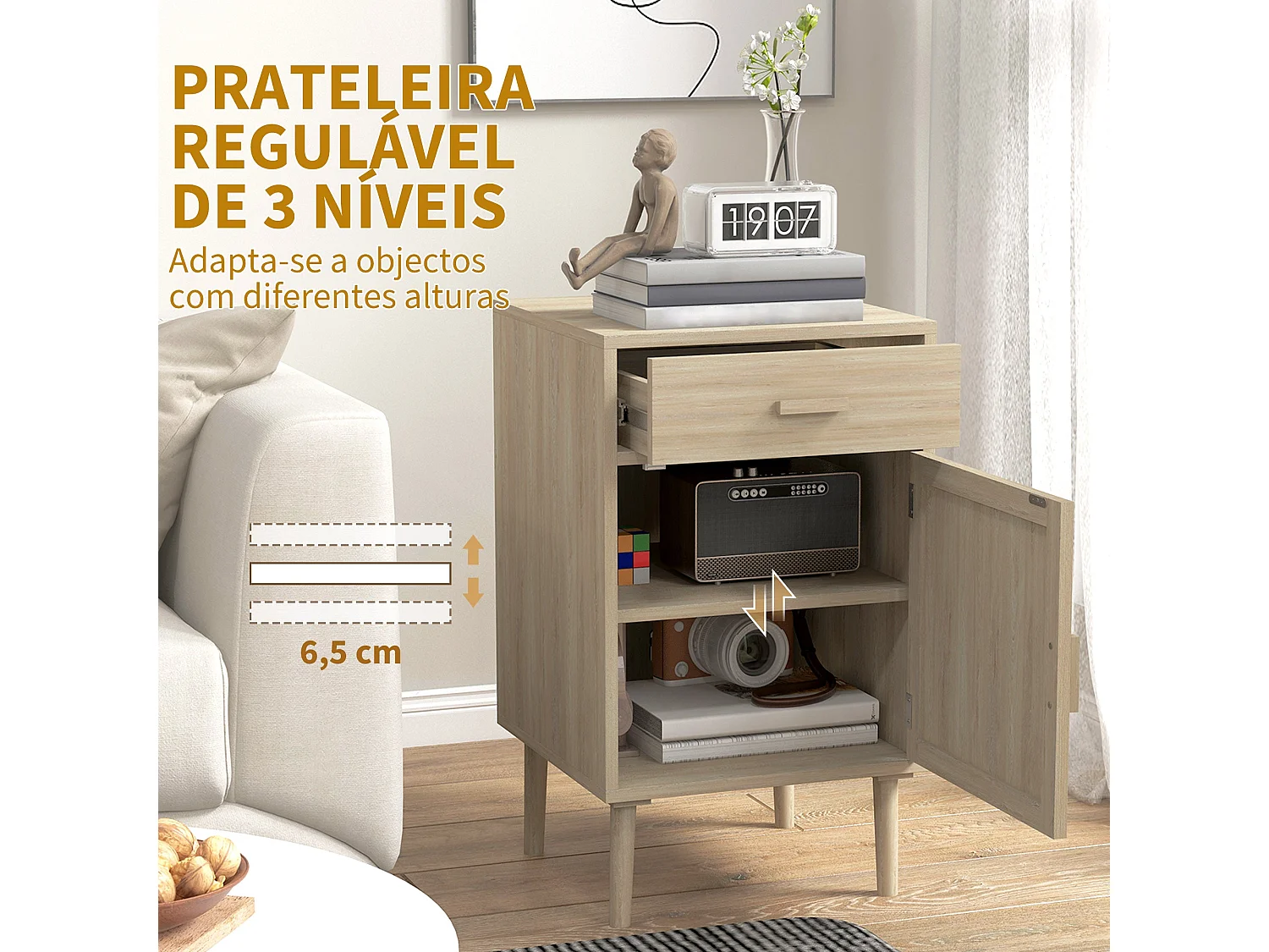 Conjunto Elegante de 2 Mesas de Cabeceira com Gaveta e Prateleira Ajustável para Quarto e Sala