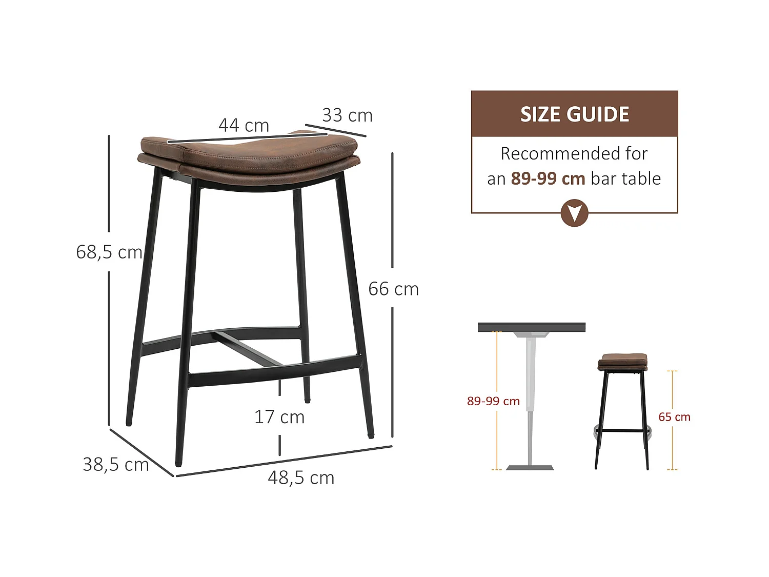 Pack de 2 taburetes Milo Homcom asiento curvo + patas de acero marrón 68,5x48,5x38,5 cm
