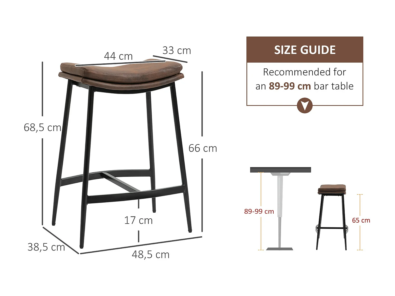 Pack de 2 taburetes Milo Homcom asiento curvo + patas de acero marrón 68,5x48,5x38,5 cm