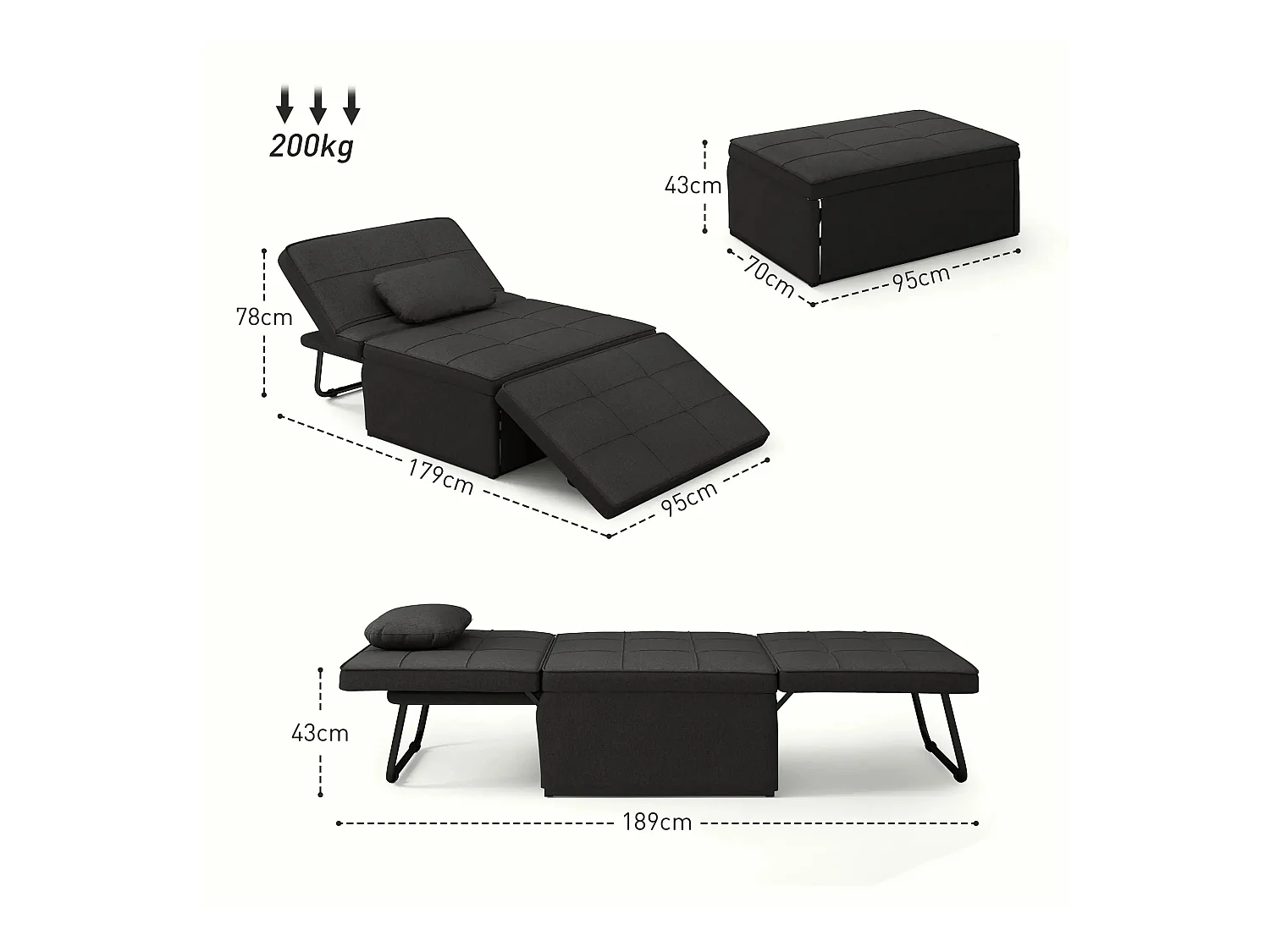 Sillón cama Jaspe Homcom respaldo 5 posiciones con reposapiés negro 78X95X179 cm