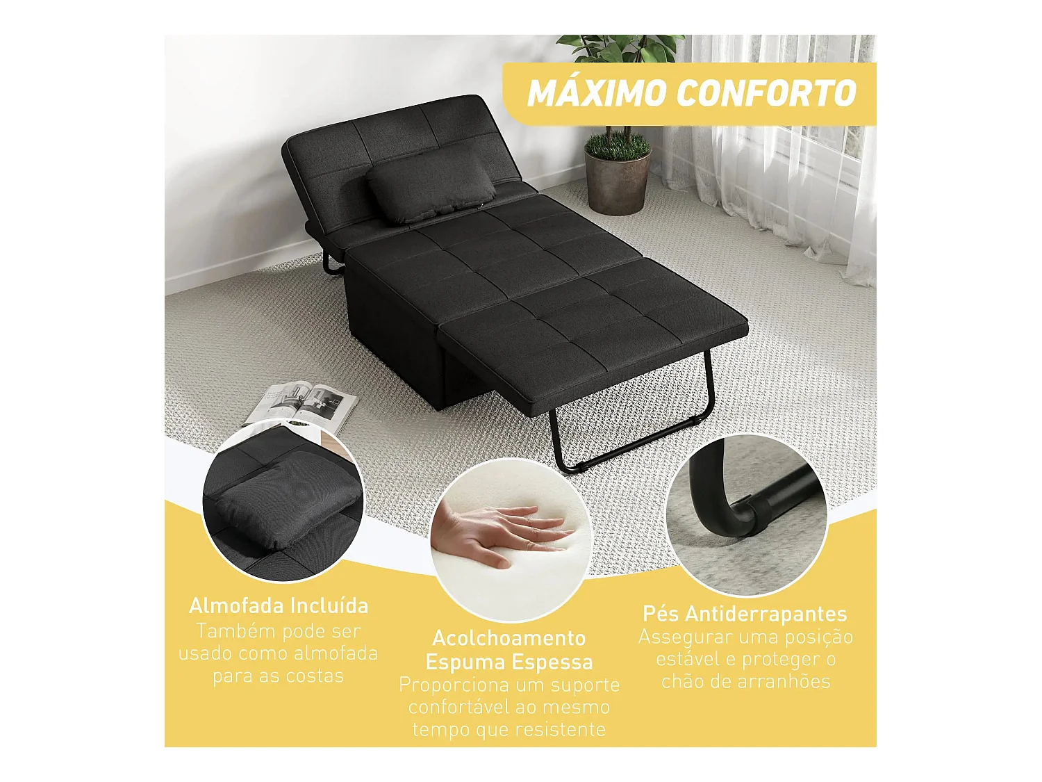 Sillón cama Jaspe Homcom respaldo 5 posiciones con reposapiés negro 78X95X179 cm