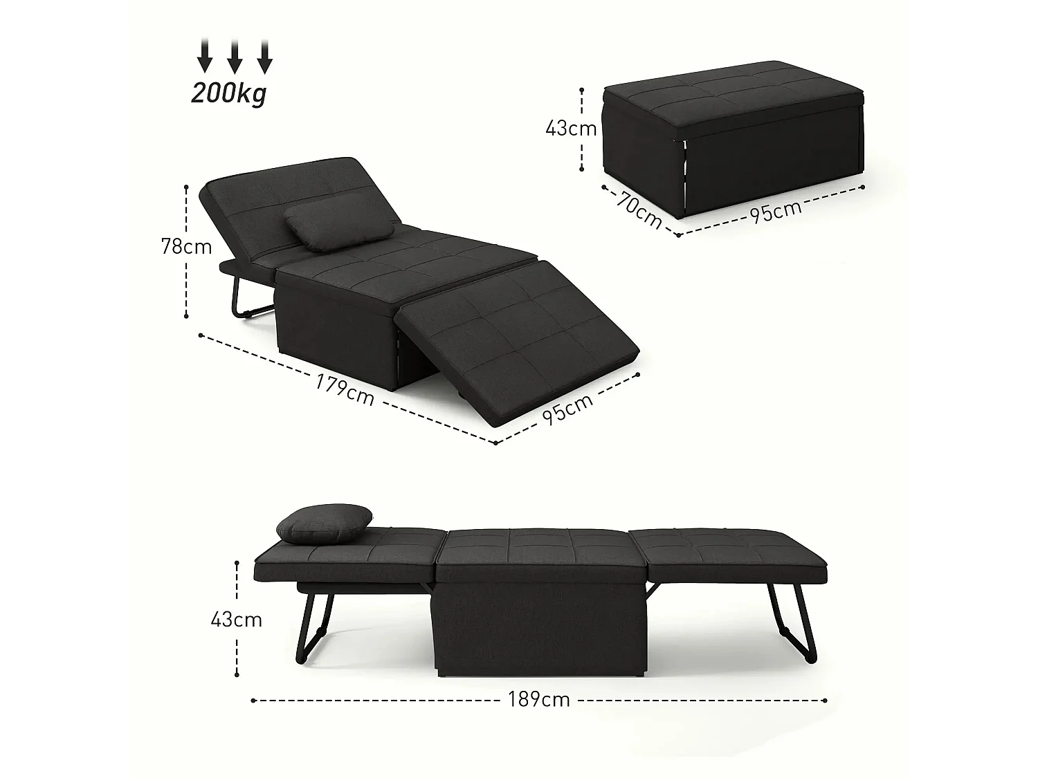 Sofá-Cama Multifuncional "Açores" 3 em 1 - Preto - Design Moderno e Confortável