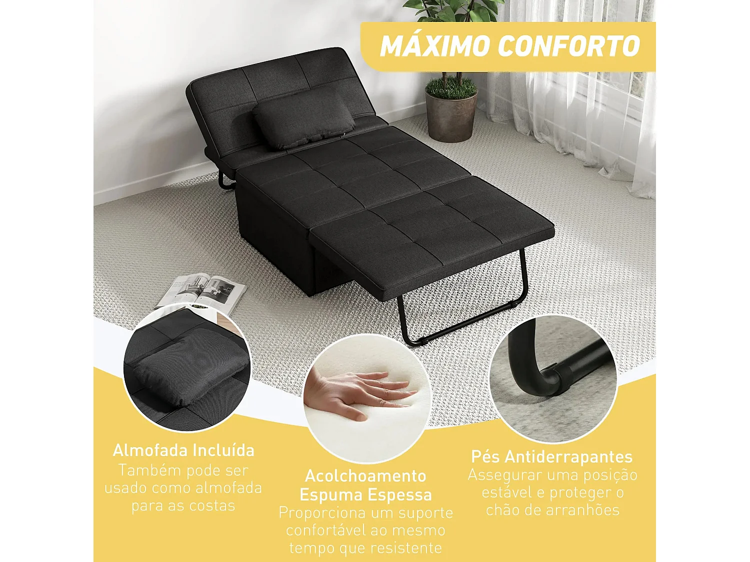 Sofá-Cama Multifuncional "Açores" 3 em 1 - Preto - Design Moderno e Confortável