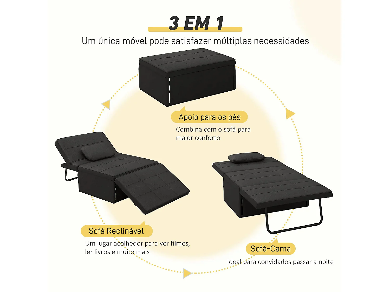 Sofá-Cama Multifuncional "Açores" 3 em 1 - Preto - Design Moderno e Confortável