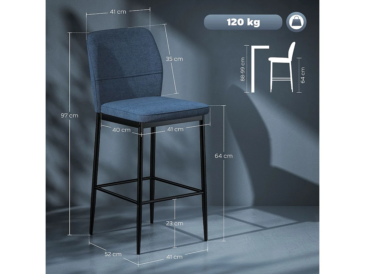 Pack de 2 taburetes Medellín Homcom asiento acolchado azul