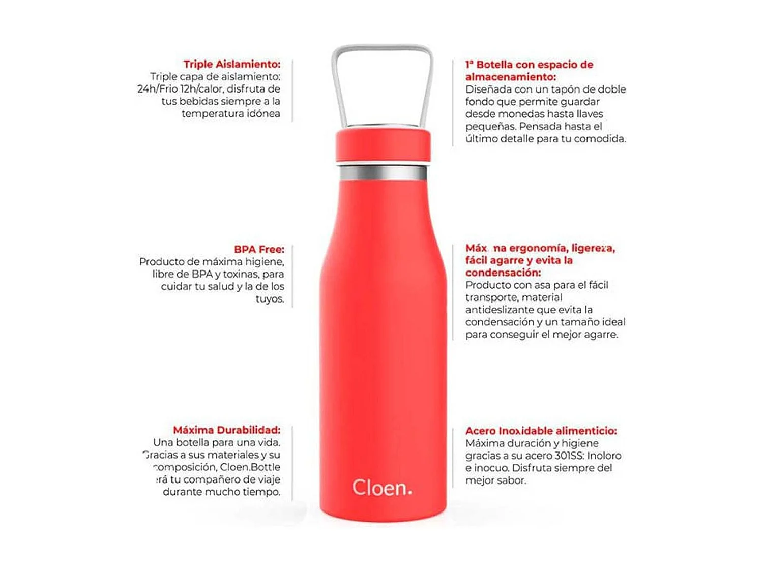 Botella térmica Cloen triple capa de aislamiento 500 ml coral