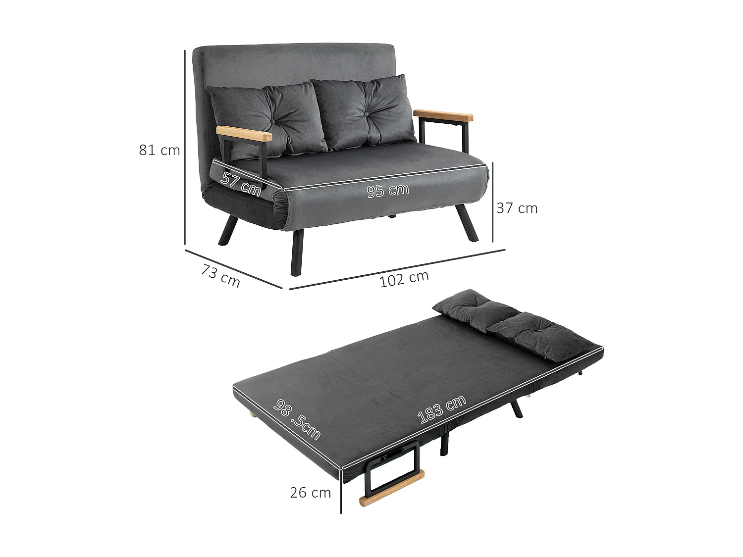 Sofá cama Mangata Homcom 3 en 1 respaldo ajustable gris 81x102x73 cm