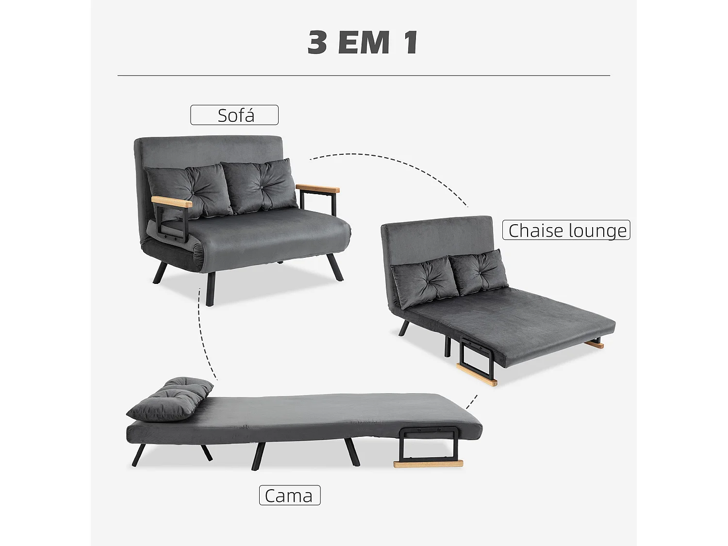 Sofá cama Mangata Homcom 3 en 1 respaldo ajustable gris 81x102x73 cm