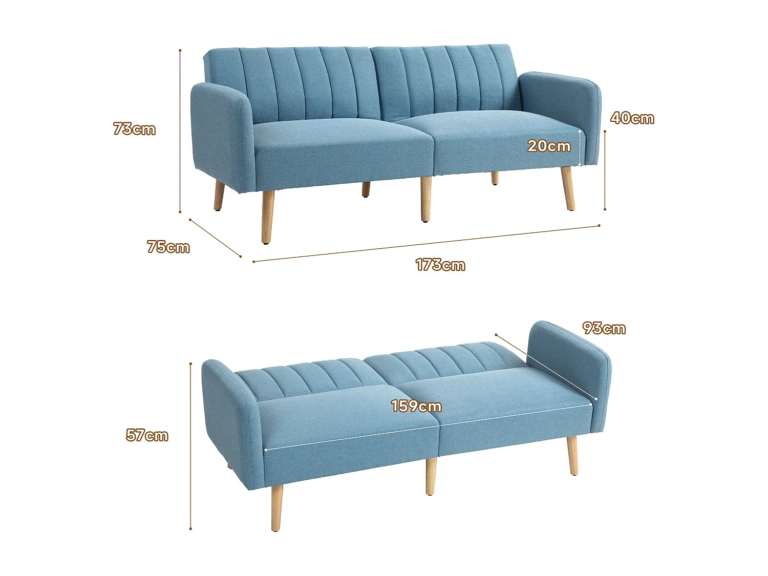 Sofá cama Zoisita Homcom 2 plazas respaldo ajustable azul claro 73x173x75 cm