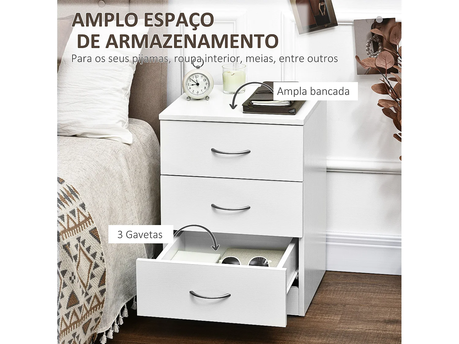 Mesita de noche Varego Homcom 3 cajones blanco 58x40x35 cm