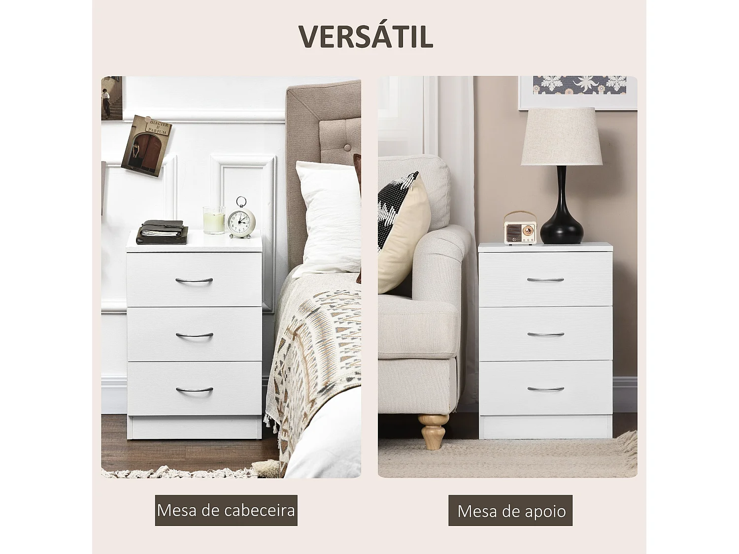 Mesita de noche Varego Homcom 3 cajones blanco 58x40x35 cm