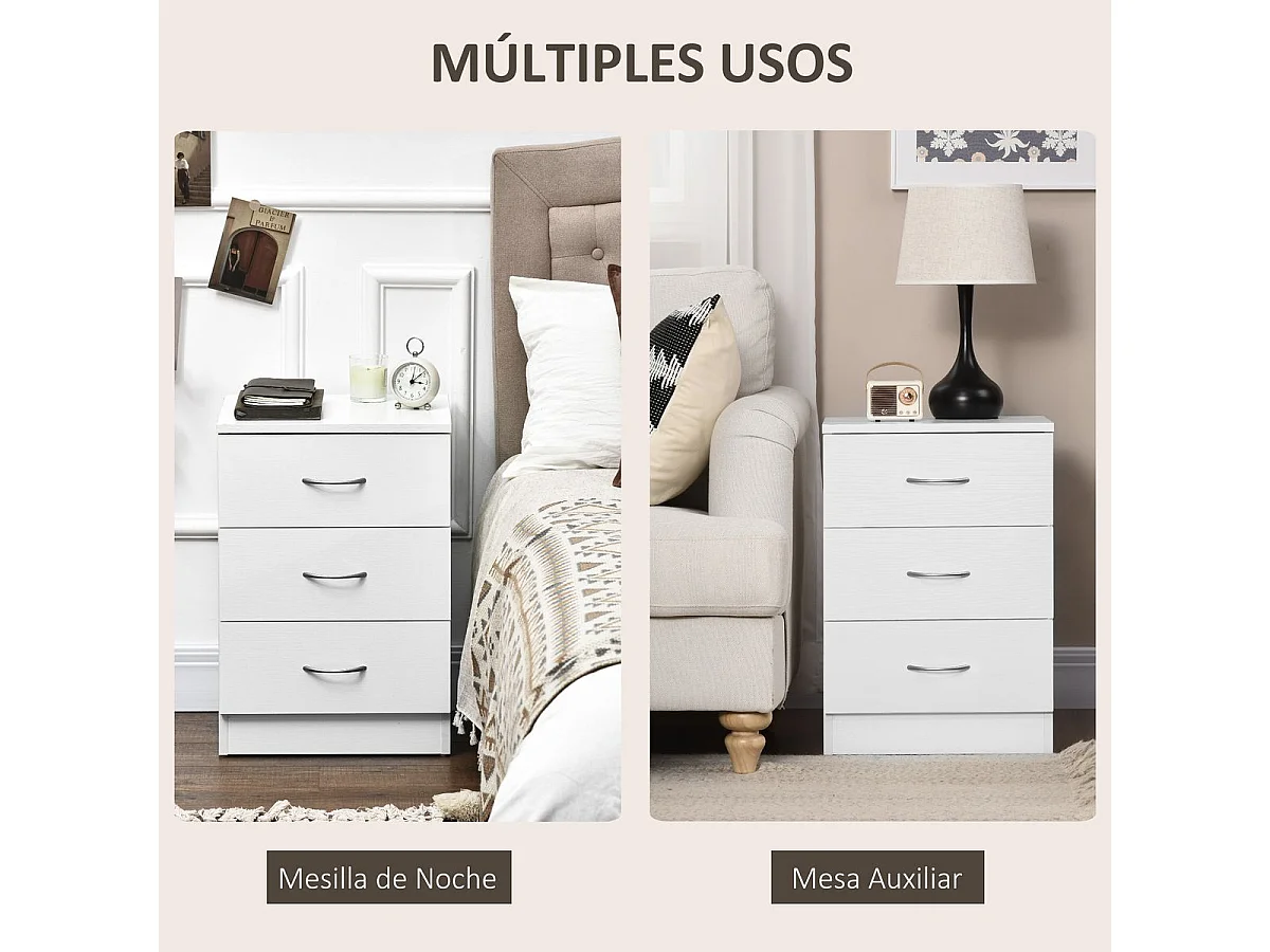 Mesita de noche Varego Homcom 3 cajones blanco 58x40x35 cm