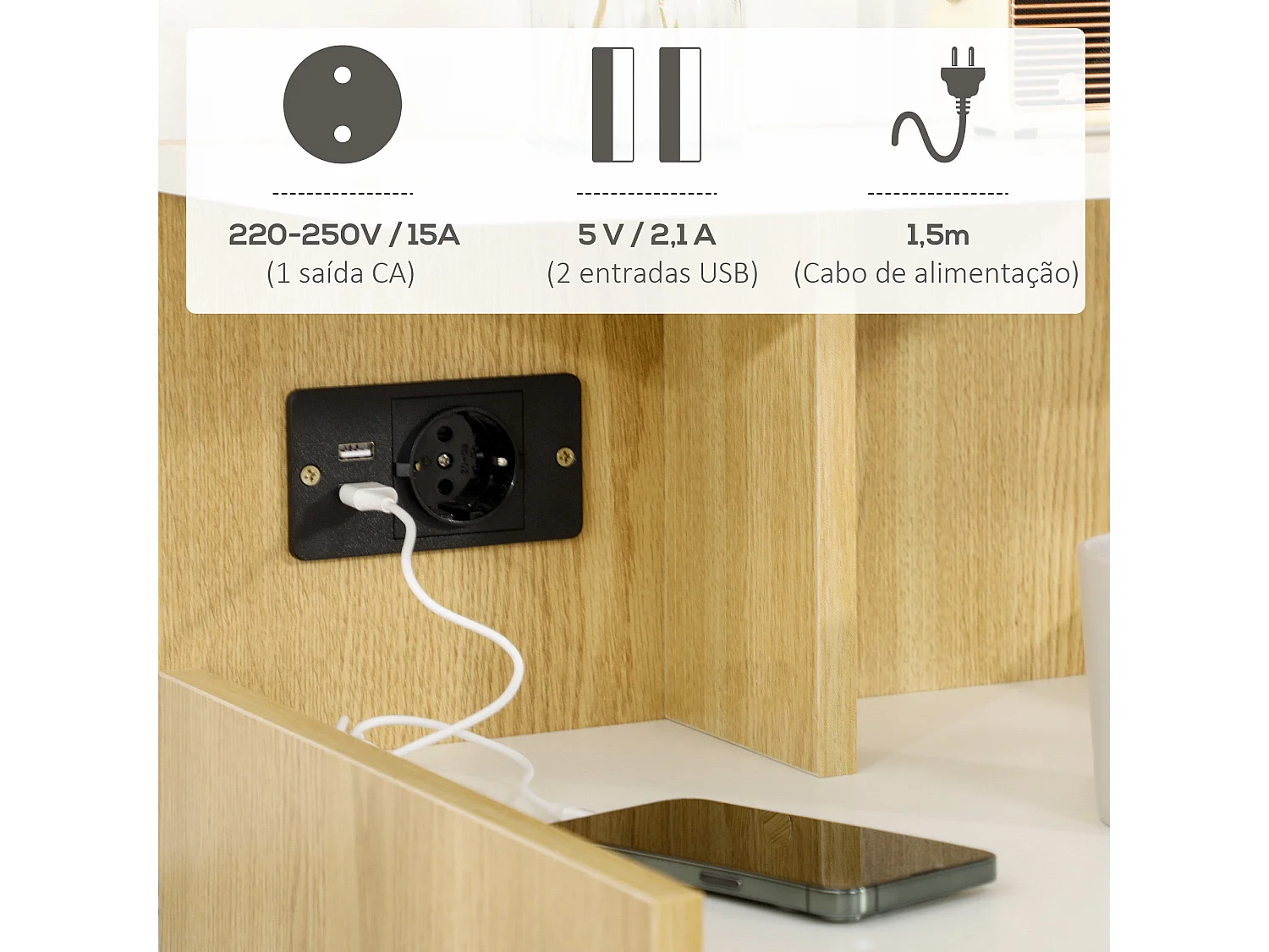 Mesa de Cabeceira Nordik com USB e Tomada Elétrica – Prática e Moderna 40x40x60 cm