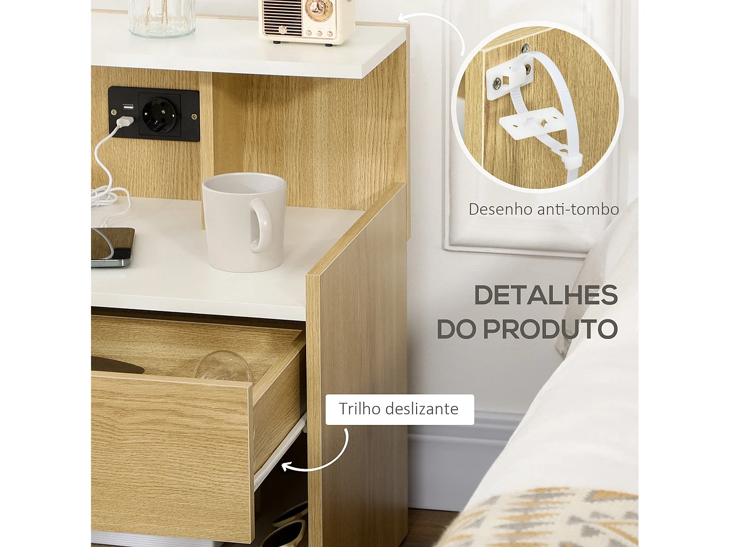 Mesa de Cabeceira Nordik com USB e Tomada Elétrica – Prática e Moderna 40x40x60 cm