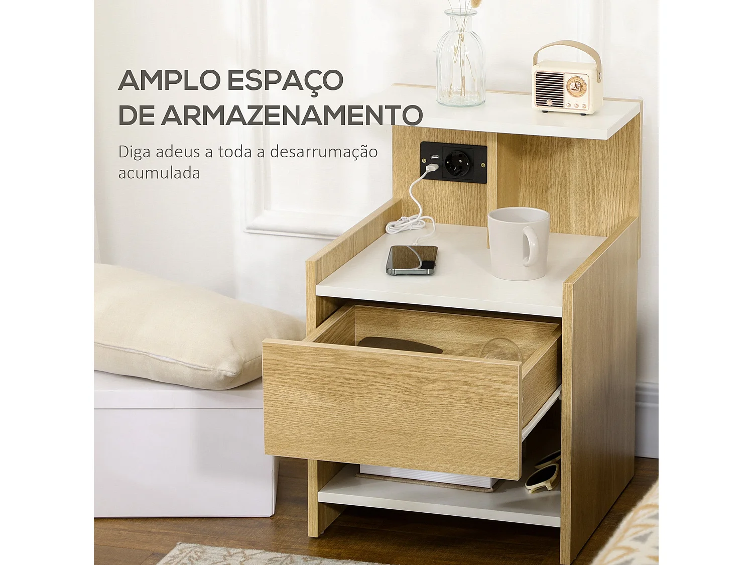 Mesita de noche Echeveria Homcom cajón + puertos USB + toma de corriente natural 60x40 cm