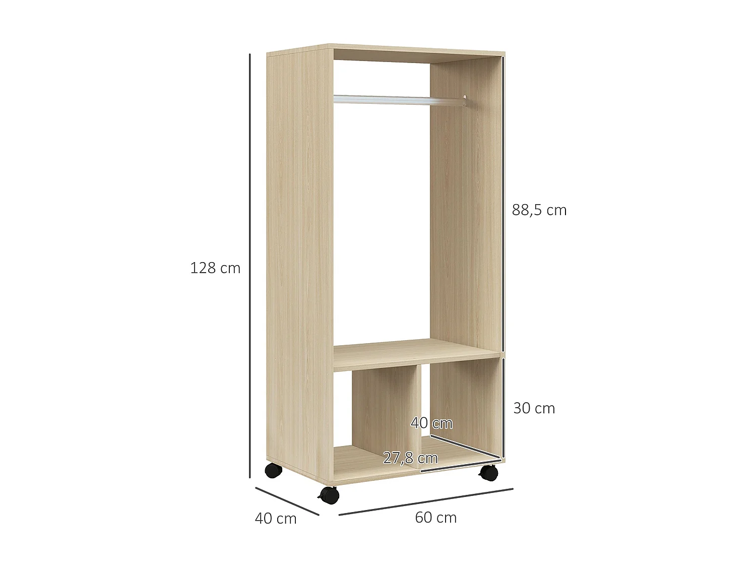 Armario abierto Kirk Homcom 1 barra + 2 estantes + ruedas natural 128x60x40 cm