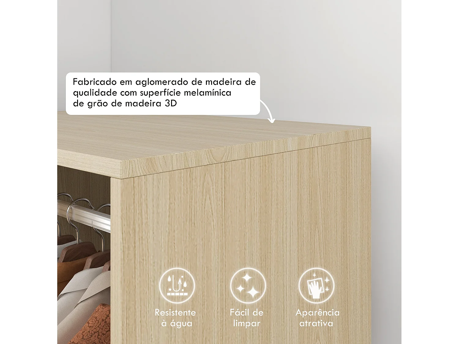 Armario abierto Kirk Homcom 1 barra + 2 estantes + ruedas natural 128x60x40 cm