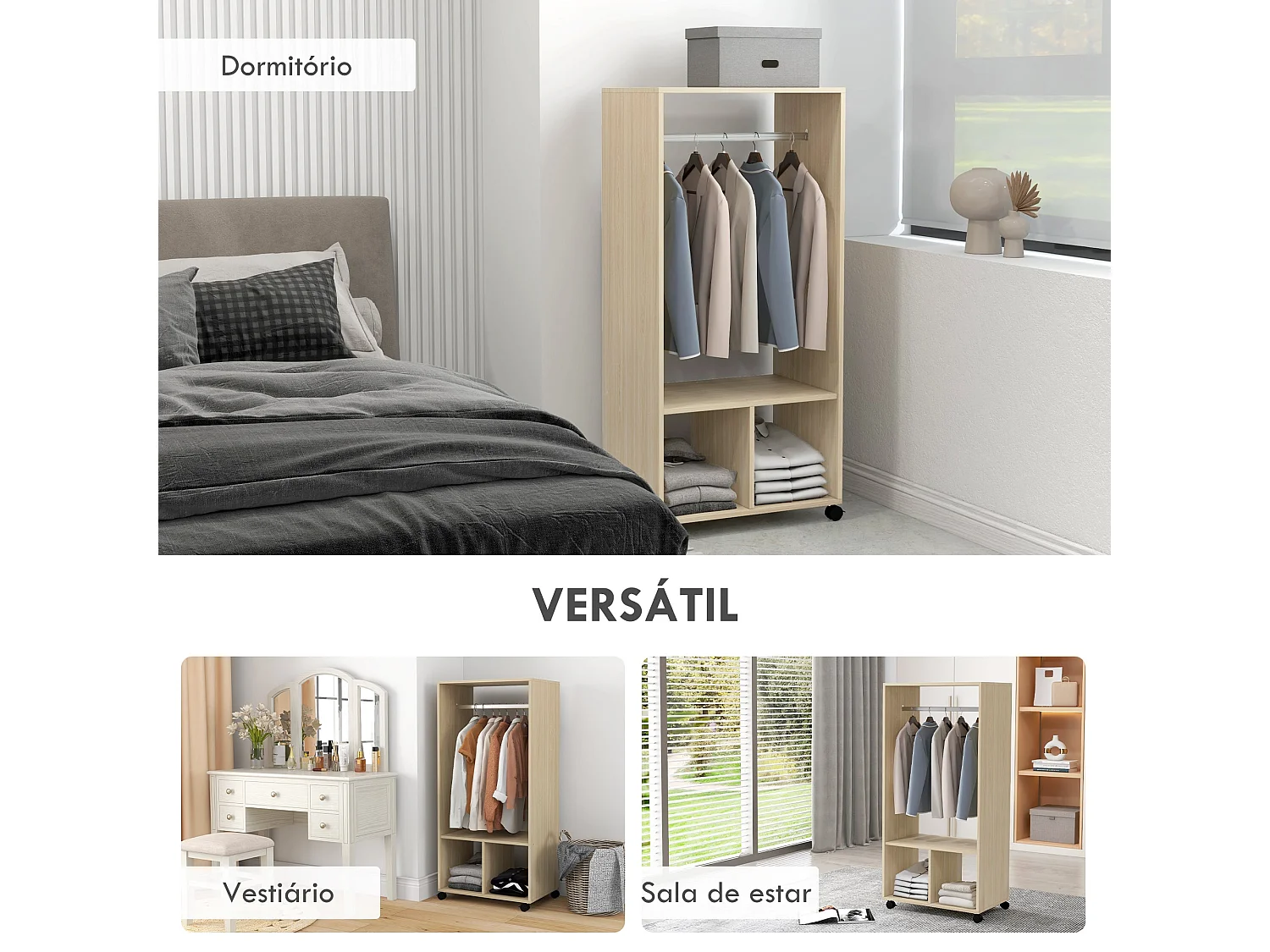 Armario abierto Kirk Homcom 1 barra + 2 estantes + ruedas natural 128x60x40 cm