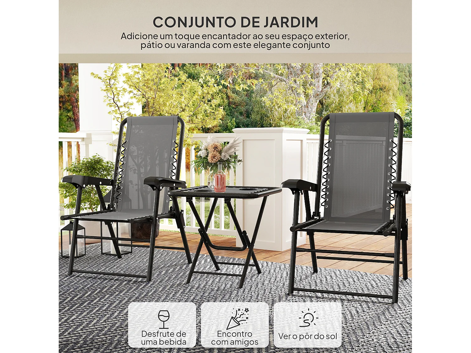 Conjunto Elegante de Mesa e Cadeiras Dobráveis para Jardim Lisboa - Cinza em Aço Resistente