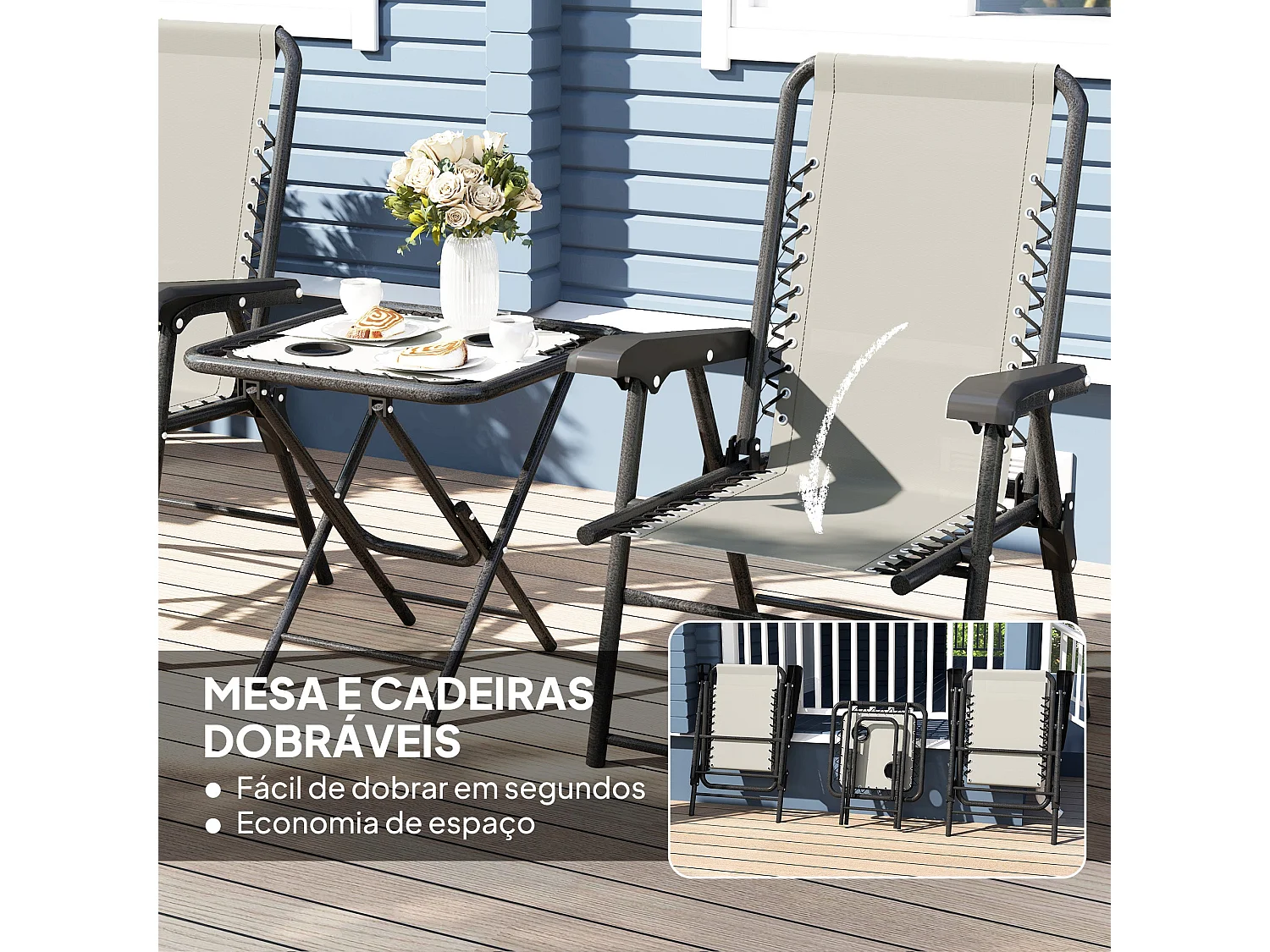 Conjunto Elegante de Mesa e Cadeiras Dobráveis para Jardim Lisboa - Cinza em Aço Resistente