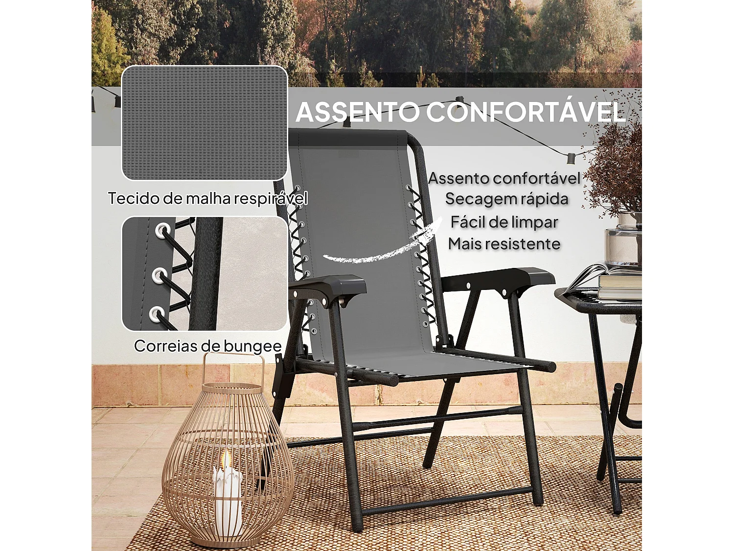 Conjunto Elegante de Mesa e Cadeiras Dobráveis para Jardim Lisboa - Cinza em Aço Resistente