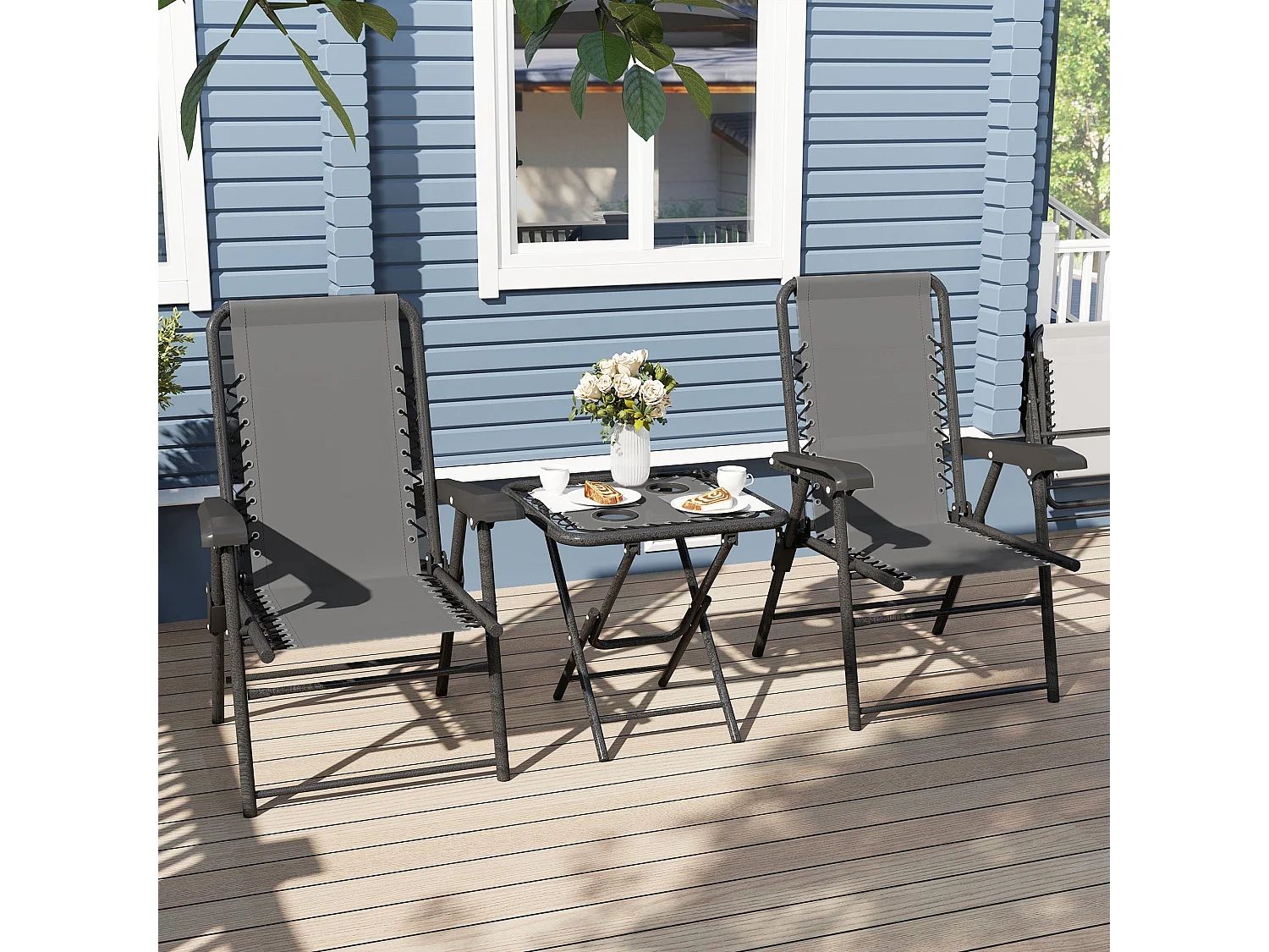 Conjunto Elegante de Mesa e Cadeiras Dobráveis para Jardim Lisboa - Cinza em Aço Resistente