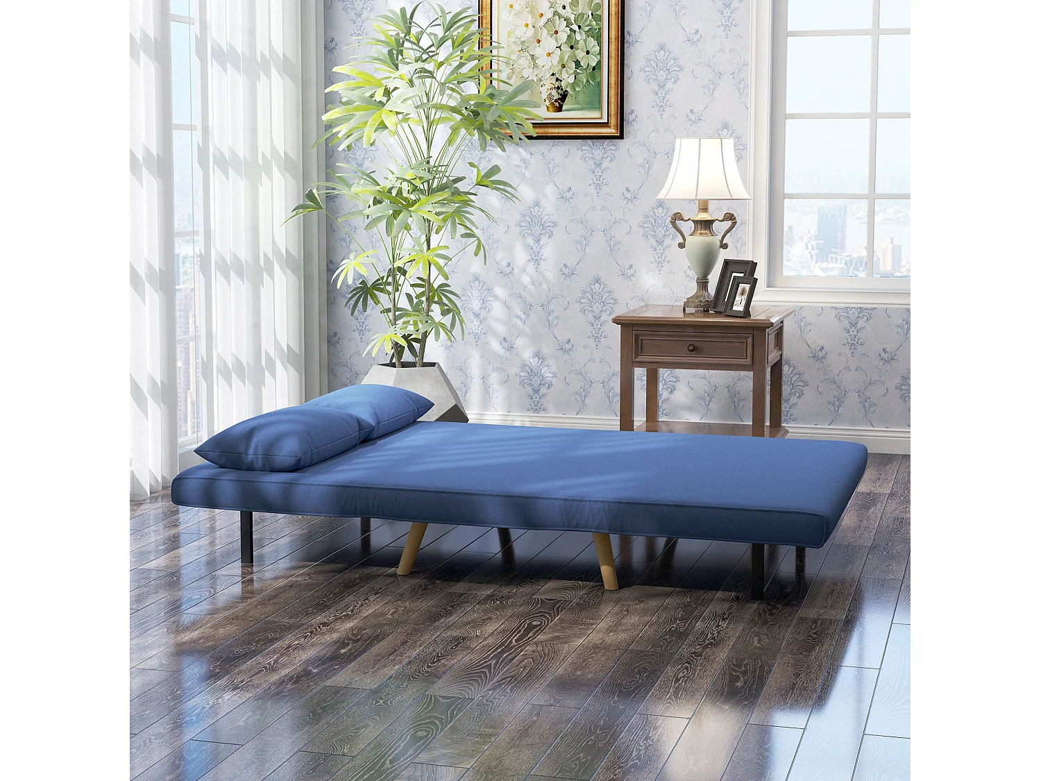 Sofá Cama Dobrável Estofado em Linho Azul Escuro com Encosto Ajustável e 2 Almofadas