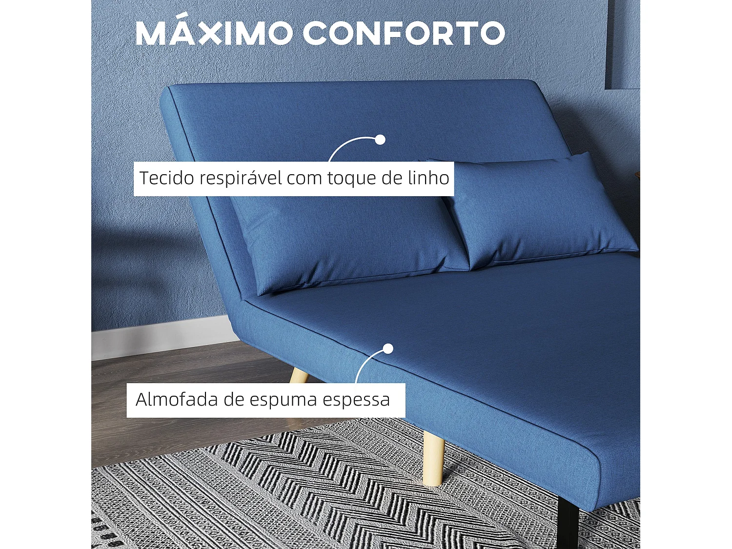 Sofá Cama Dobrável Estofado em Linho Azul Escuro com Encosto Ajustável e 2 Almofadas