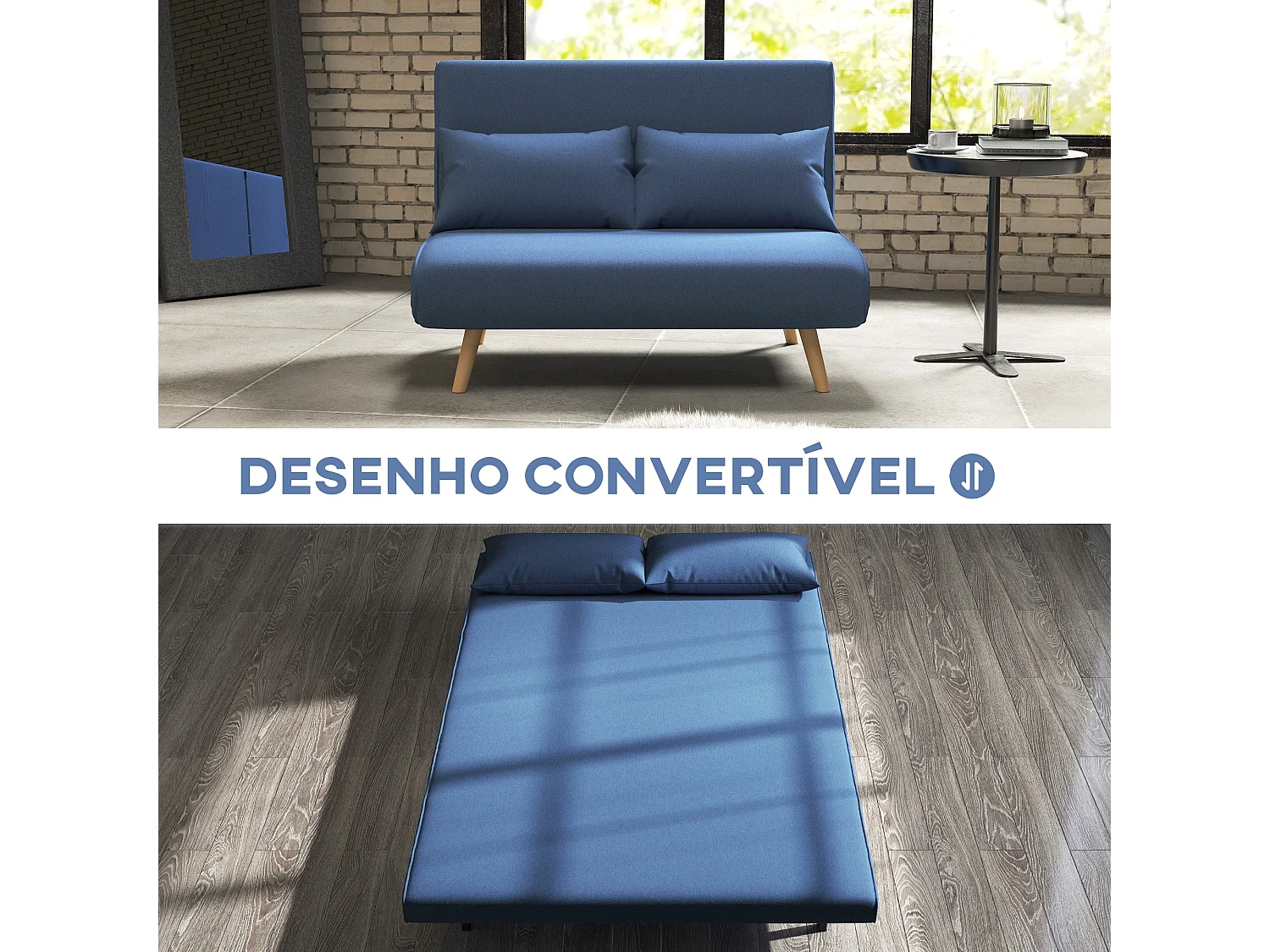 Sofá Cama Dobrável Estofado em Linho Azul Escuro com Encosto Ajustável e 2 Almofadas