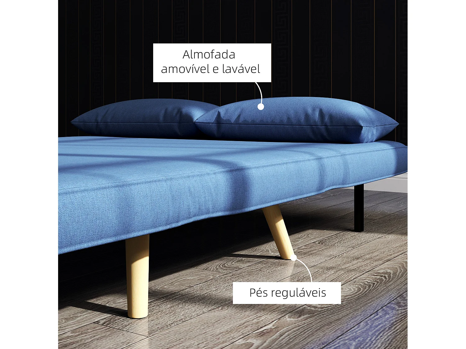 Sofá Cama Dobrável Estofado em Linho Azul Escuro com Encosto Ajustável e 2 Almofadas