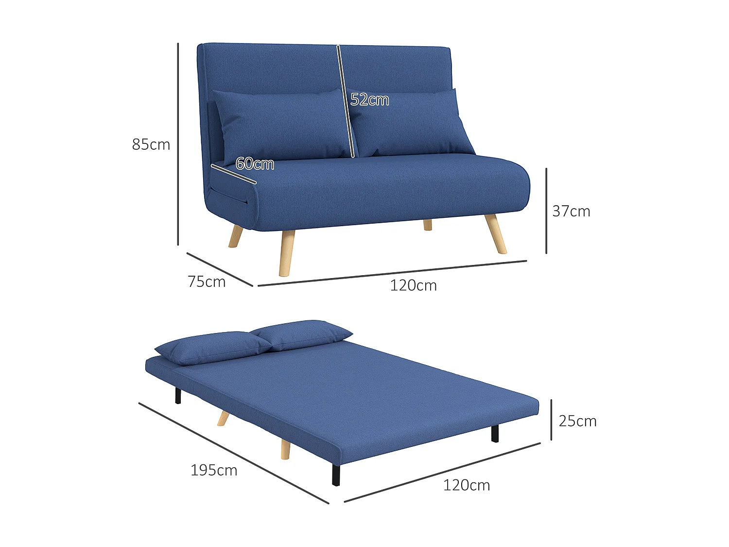 Sofá Cama Dobrável Estofado em Linho Azul Escuro com Encosto Ajustável e 2 Almofadas