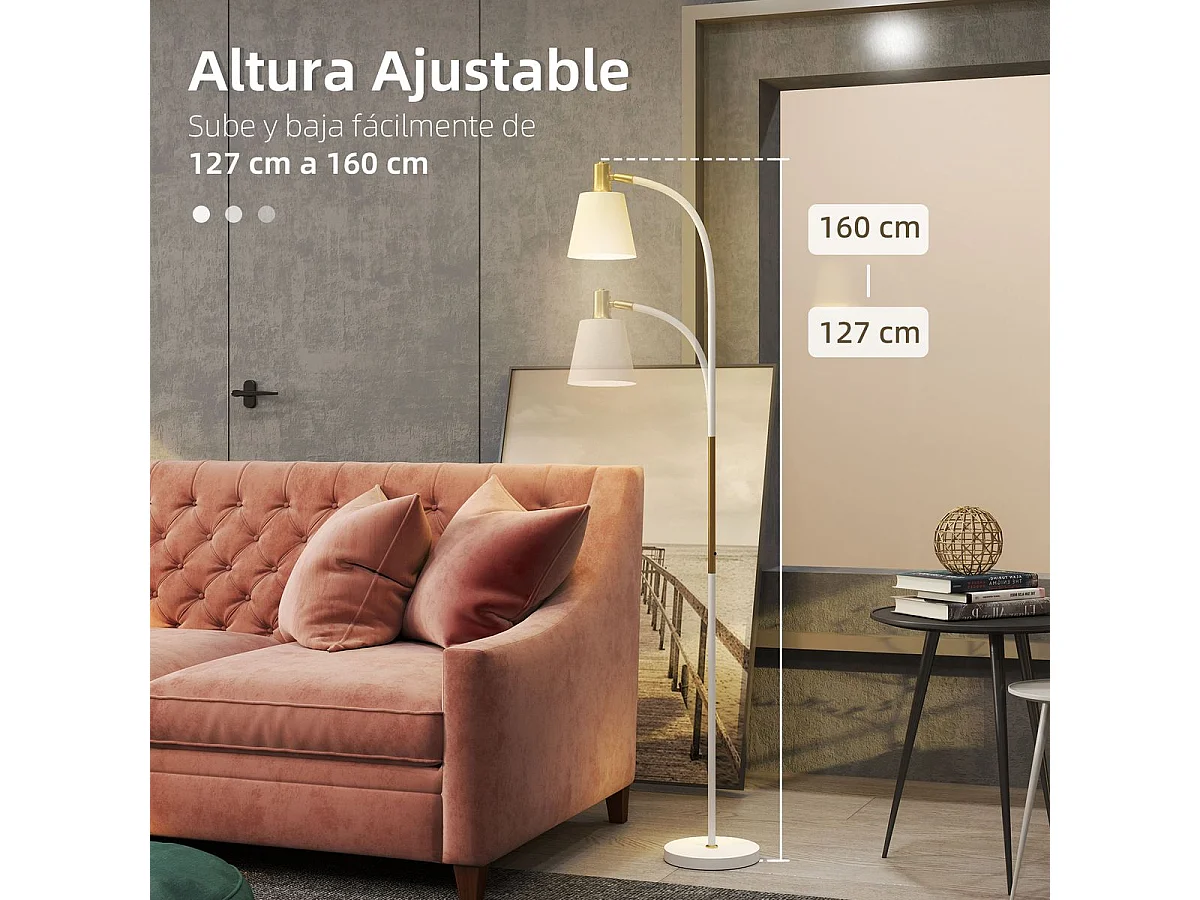Lámpara de pie Bronx Homcom ángulo + altura ajustable blanco/dorado 127-160x49x21 cm