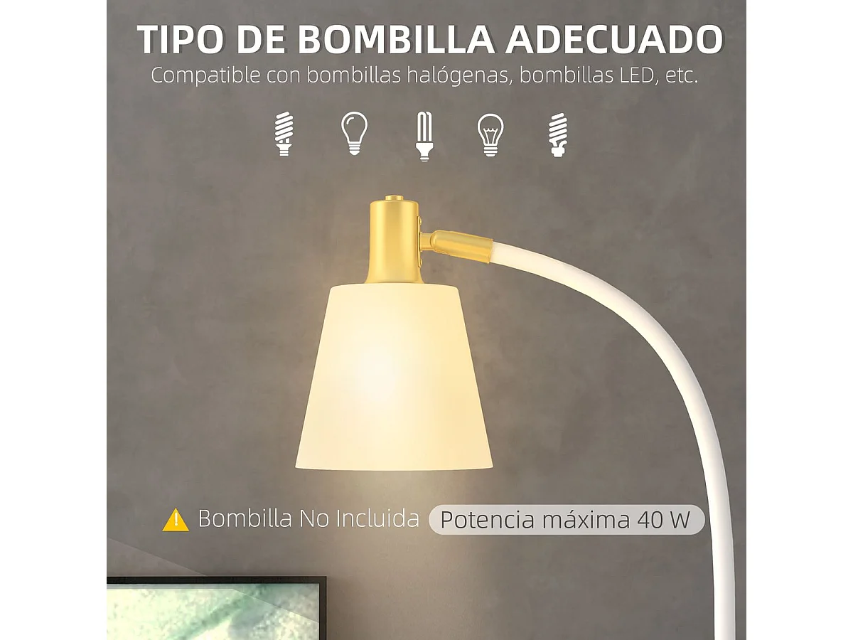 Lámpara de pie Bronx Homcom ángulo + altura ajustable blanco/dorado 127-160x49x21 cm