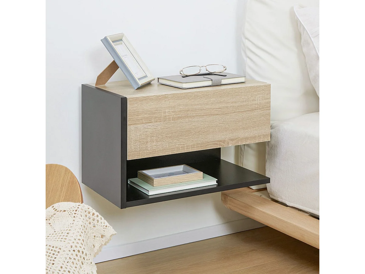 Pack de 2 mesitas de noche Nube Homcom 1 cajón + 1 estante natural/negro