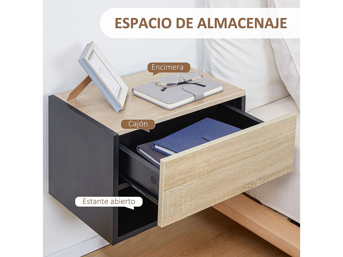 Pack de 2 mesitas de noche Nube Homcom 1 cajón + 1 estante natural/negro