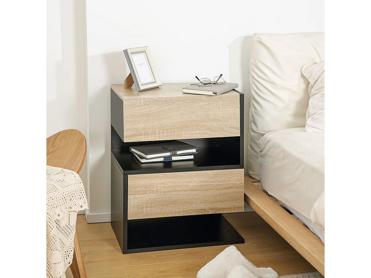 Pack de 2 mesitas de noche Nube Homcom 1 cajón + 1 estante natural/negro