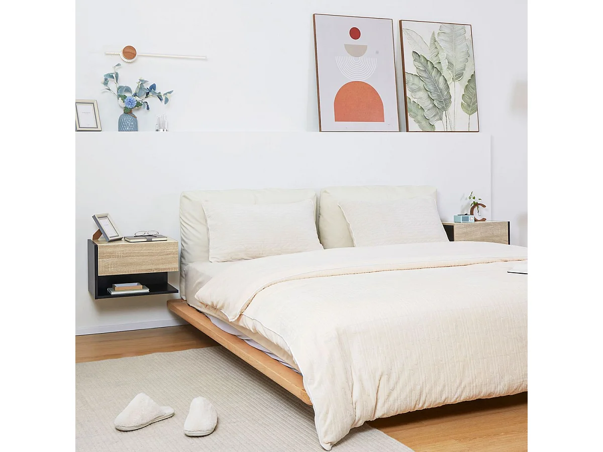 Pack de 2 mesitas de noche Nube Homcom 1 cajón + 1 estante natural/negro