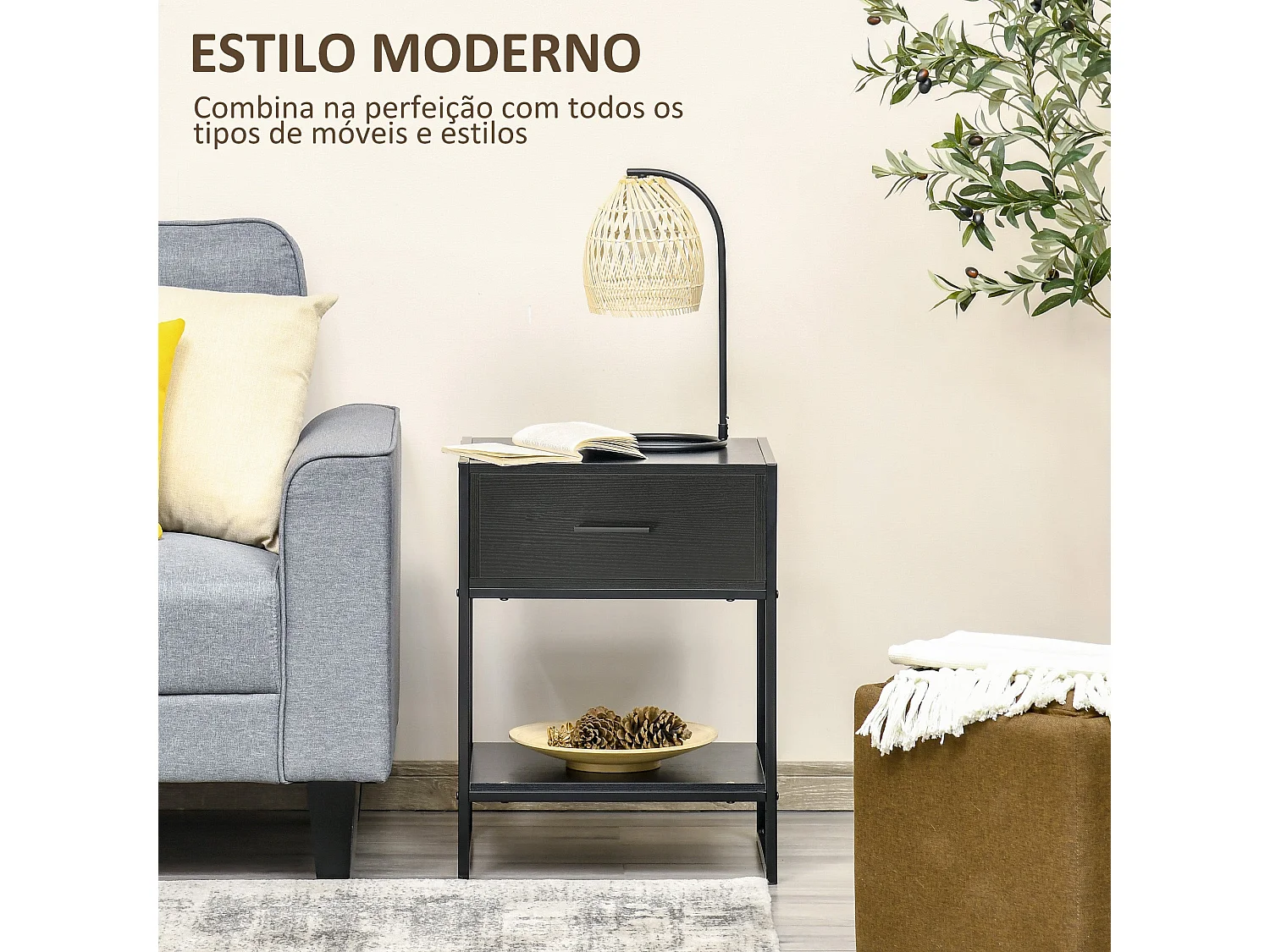 Mesa de Cabeceira Moderna com Gaveta e Prateleira para Quarto e Sala de Estar - Modelo Avignon Preto 45x40x60cm