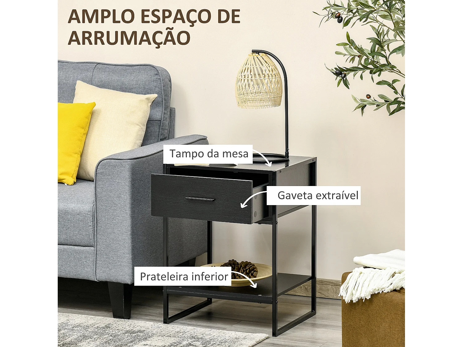 Mesa de Cabeceira Moderna com Gaveta e Prateleira para Quarto e Sala de Estar - Modelo Avignon Preto 45x40x60cm