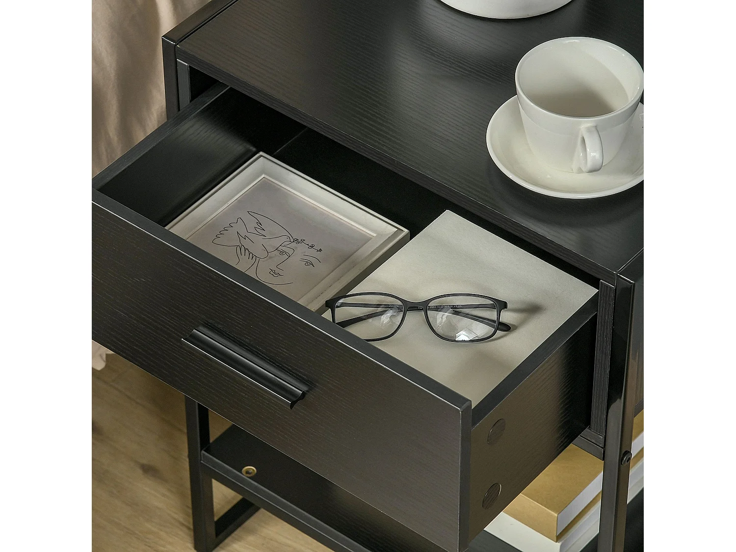 Mesa de Cabeceira Moderna com Gaveta e Prateleira para Quarto e Sala de Estar - Modelo Avignon Preto 45x40x60cm