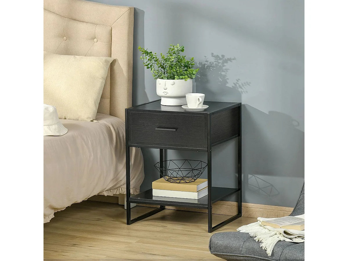 Mesa de Cabeceira Moderna com Gaveta e Prateleira para Quarto e Sala de Estar - Modelo Avignon Preto 45x40x60cm