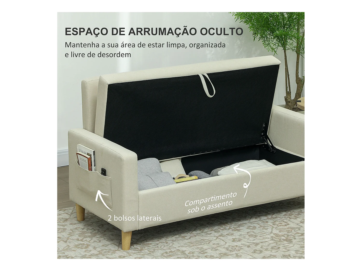 Sofá Vinil Homcom 2 plazas + arcón beige 84x135x72 cm