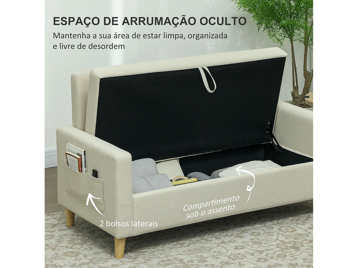 Sofá Vinil Homcom 2 plazas + arcón beige 84x135x72 cm