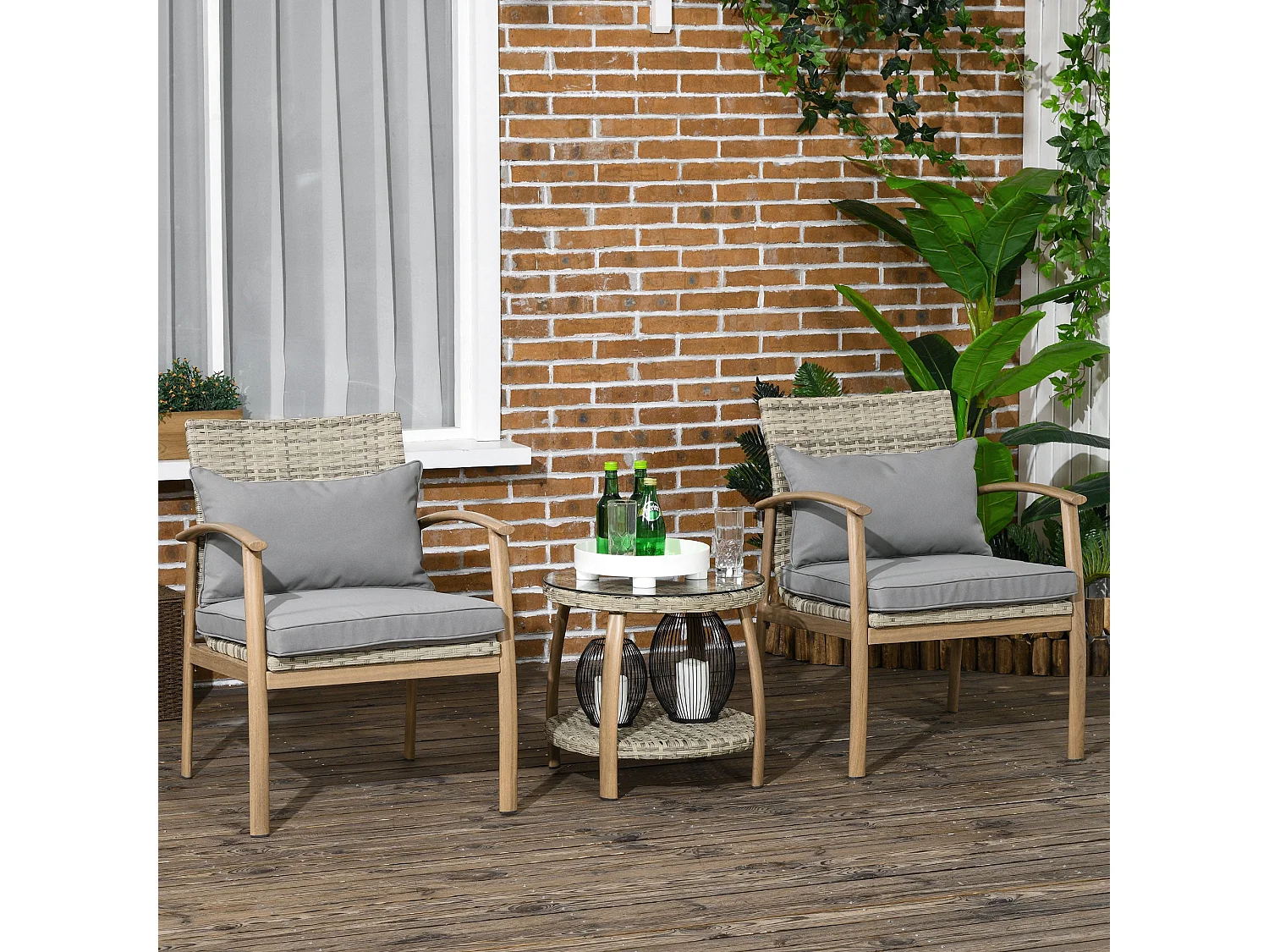 Conjunto de Mesa e Cadeiras para Exterior em Vime e Alumínio - 3 Peças com Almofadas