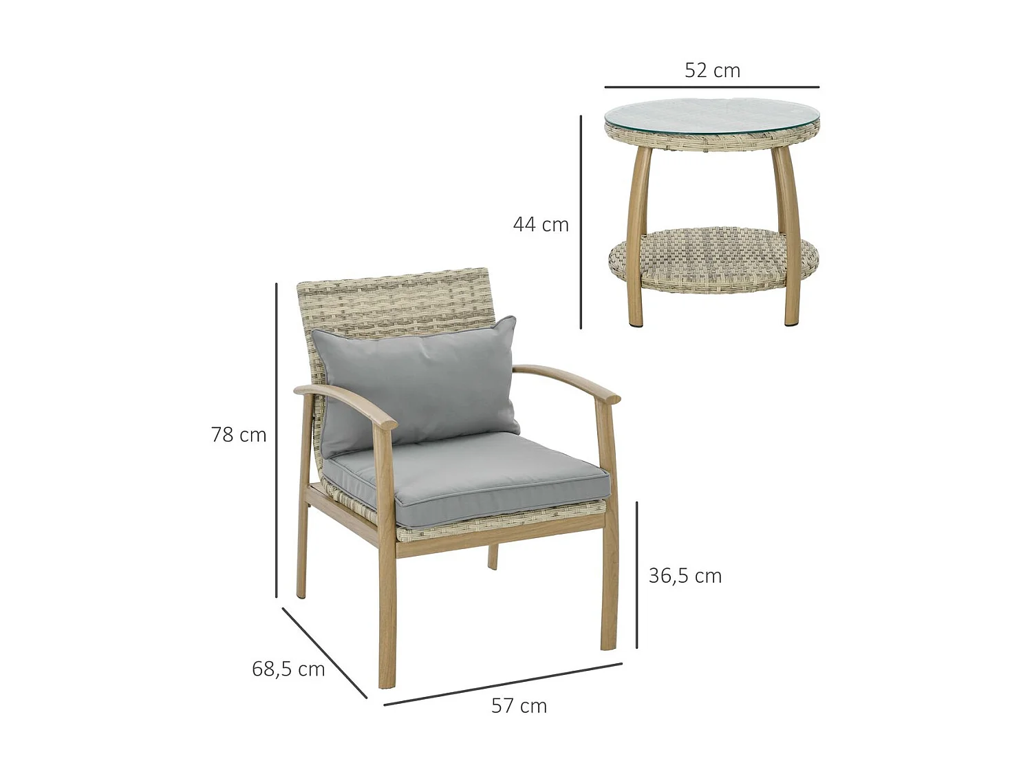 Conjunto de Mesa e Cadeiras para Exterior em Vime e Alumínio - 3 Peças com Almofadas