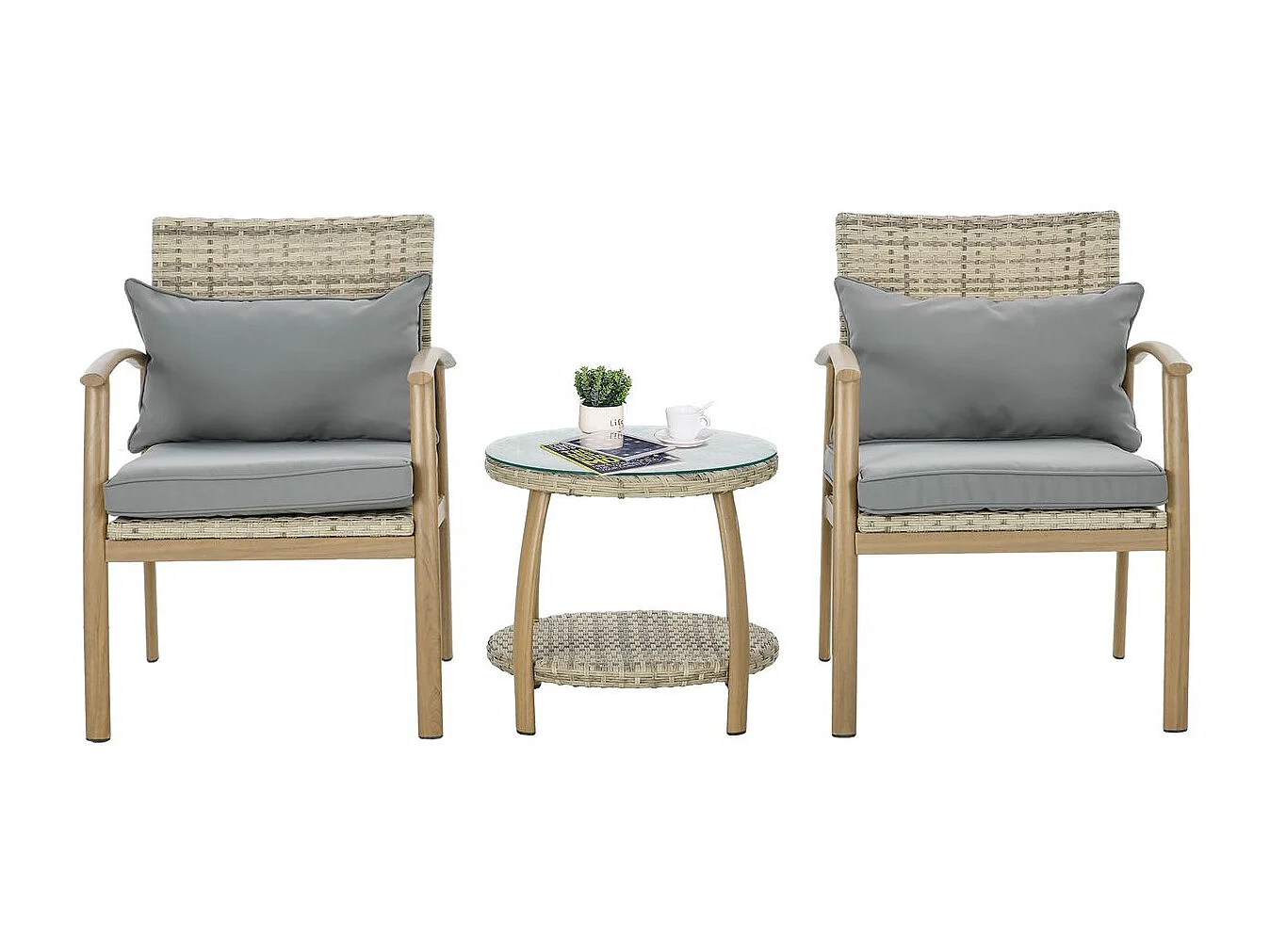 Conjunto de Mesa e Cadeiras para Exterior em Vime e Alumínio - 3 Peças com Almofadas