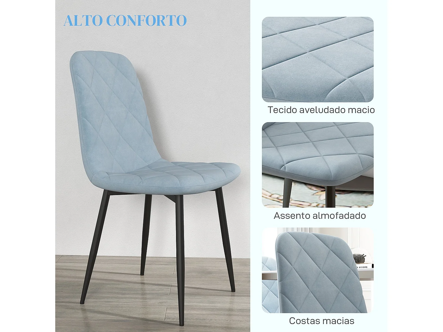 Conjunto Moderno de 4 Cadeiras de Jantar Estofadas em Veludo com Pés de Aço para Sala de Estar Azul Claro – Modelo Turku