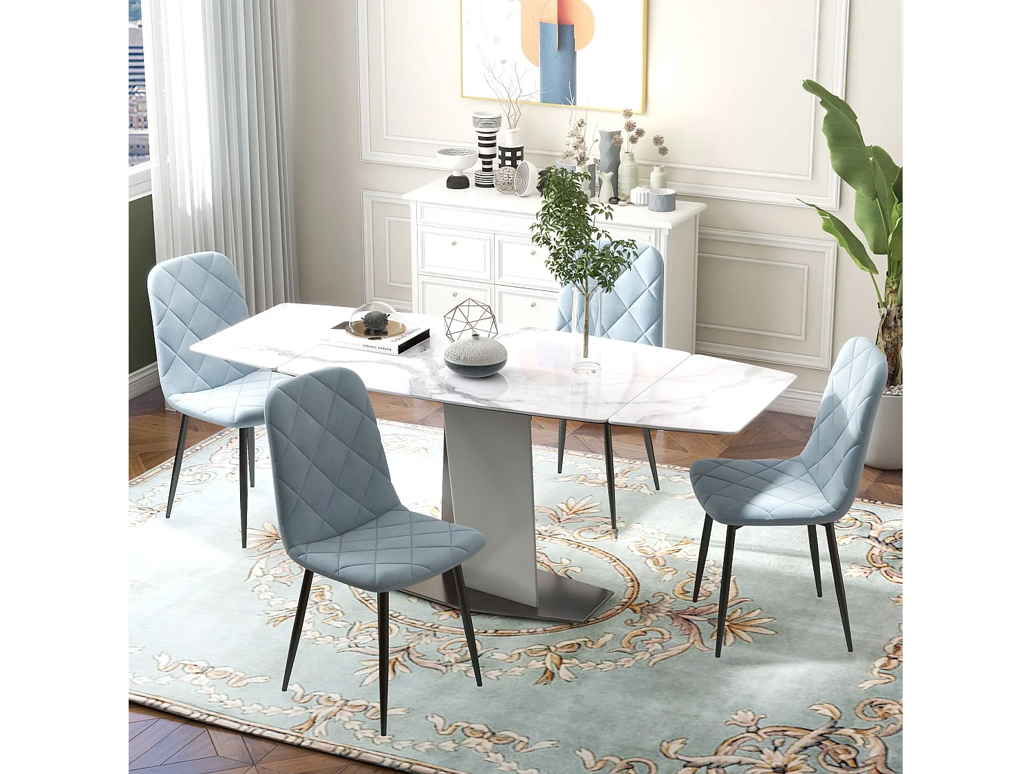 Conjunto Moderno de 4 Cadeiras de Jantar Estofadas em Veludo com Pés de Aço para Sala de Estar Azul Claro – Modelo Turku