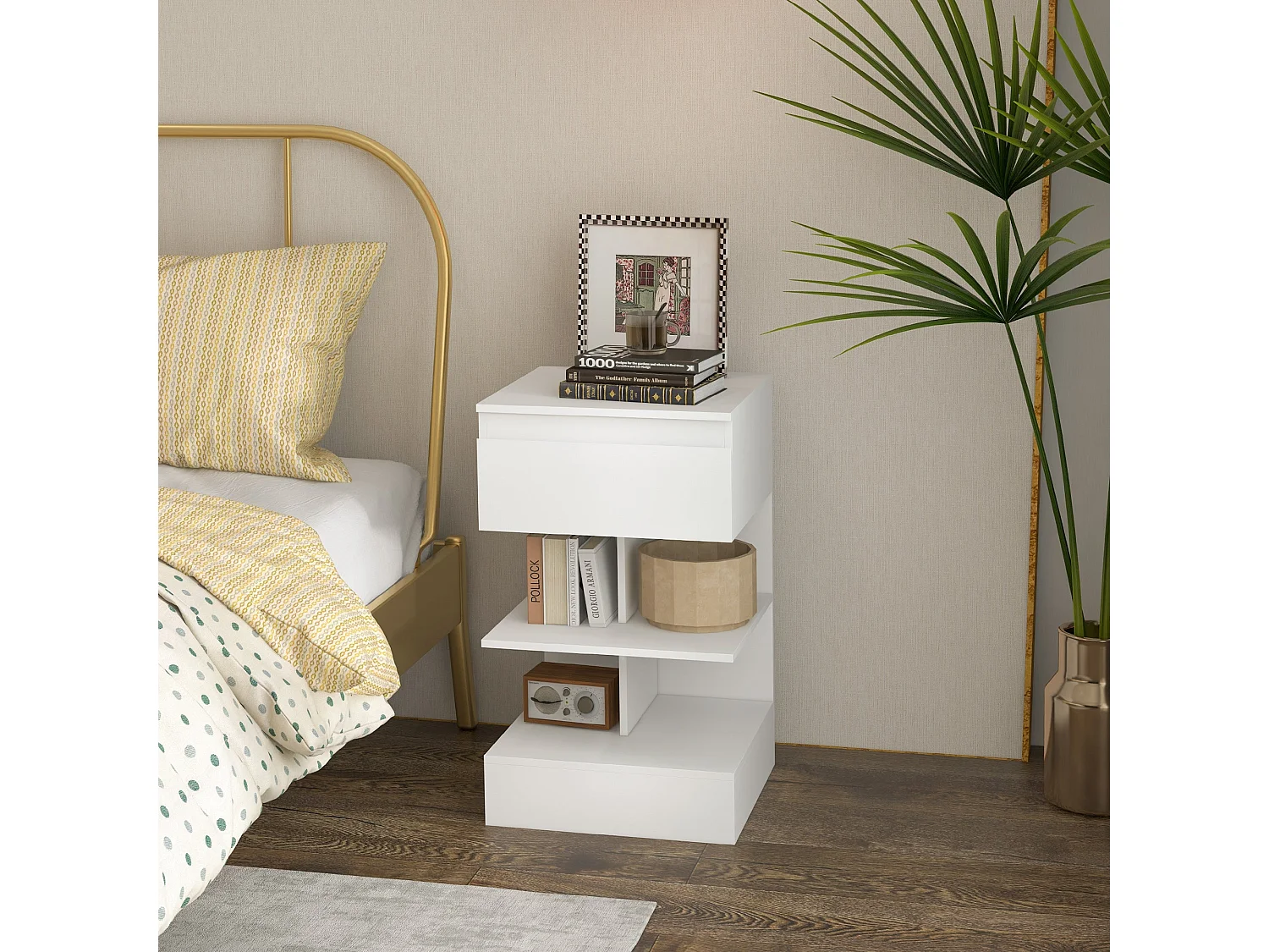 Mesita de noche Onís Homcom 1 cajón + 2 estantes blanco 65x39x39 cm